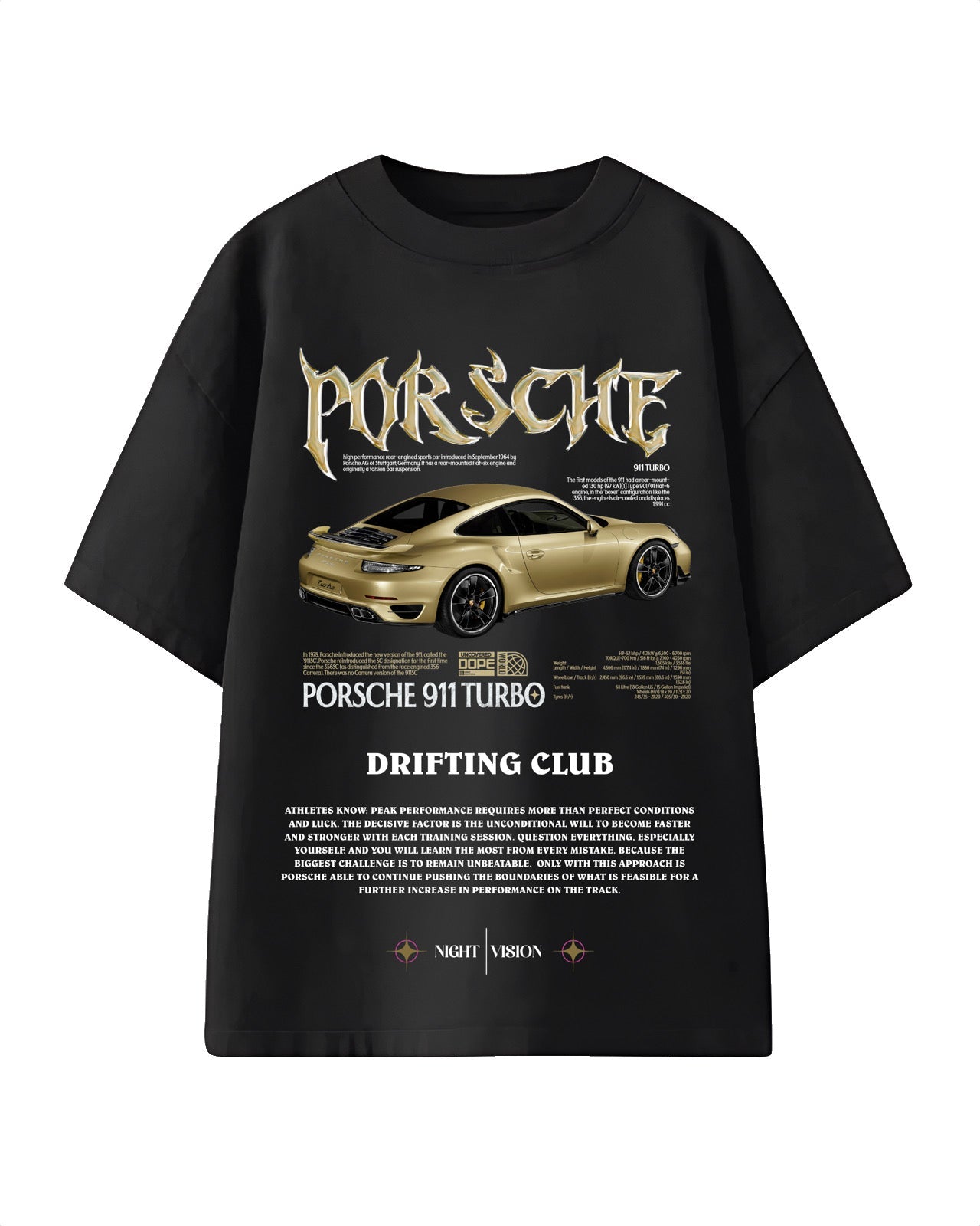 Black oversized T-shirt featuring a bold graphic of the Porsche 911 Turbo, showcasing automotive-inspired streetwear style.
