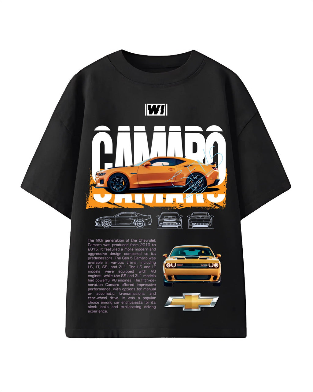 Chevrolet Camaro Oversized T-shirt featuring bold muscle car graphics and a relaxed streetwear fit, perfect for automotive enthusiasts.