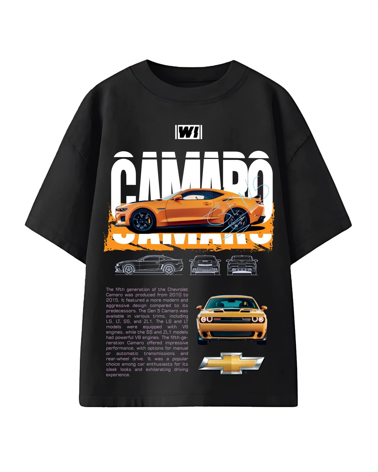 Chevrolet Camaro Oversized T-shirt featuring bold muscle car graphics and a relaxed streetwear fit, perfect for automotive enthusiasts.