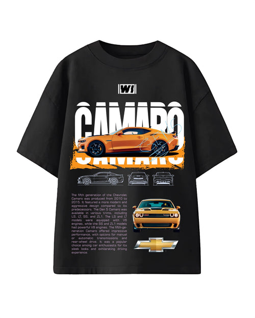 Chevrolet Camaro Oversized T-shirt featuring bold muscle car graphics and a relaxed streetwear fit, perfect for automotive enthusiasts.