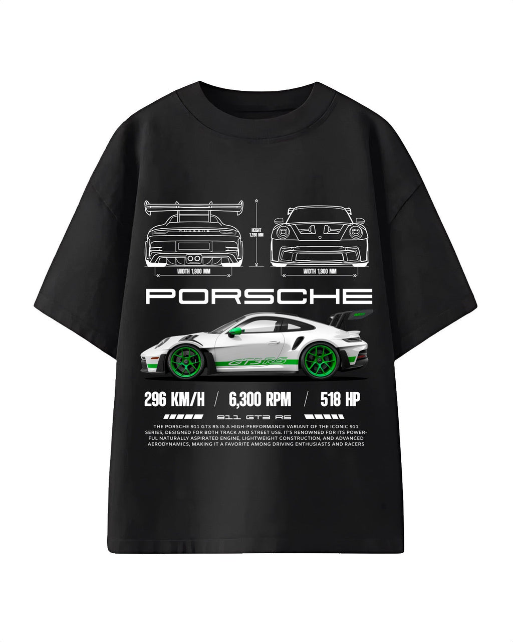 Oversized T-shirt with bold Porsche 911 GT3 RS graphics, merging motorsport performance with modern streetwear aesthetics.