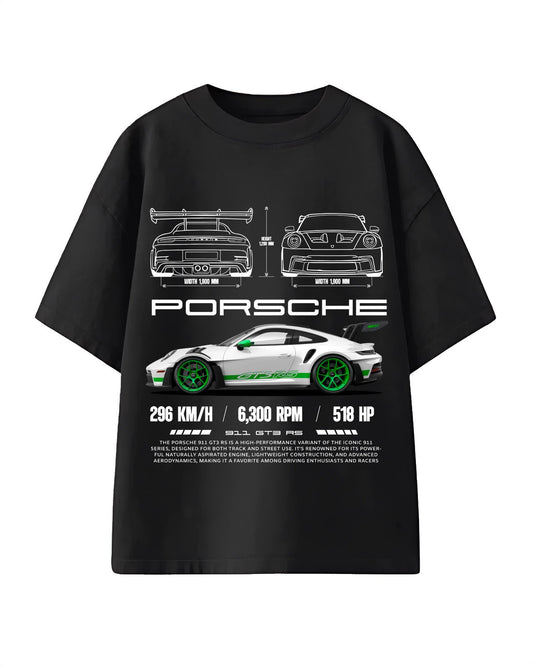 Oversized T-shirt with bold Porsche 911 GT3 RS graphics, merging motorsport performance with modern streetwear aesthetics.