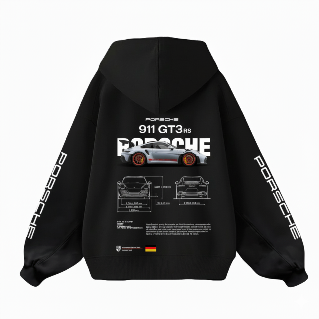Black hoodie with Porsche 911 GT3 RS design on a white background