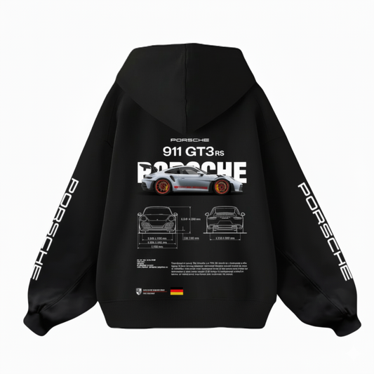 Black hoodie with Porsche 911 GT3 RS design on a white background