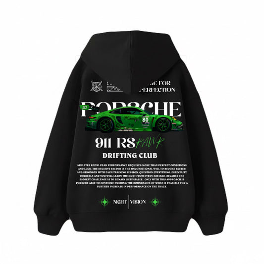 Black hoodie with Porsche 911 RS graphic and text on a white background