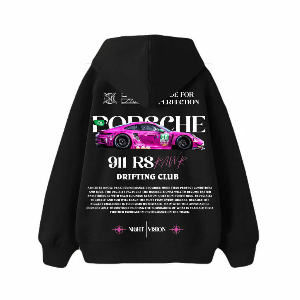 Black hoodie with Porsche 911 RS graphic on a white background