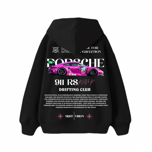Black hoodie with Porsche 911 RS graphic on a white background